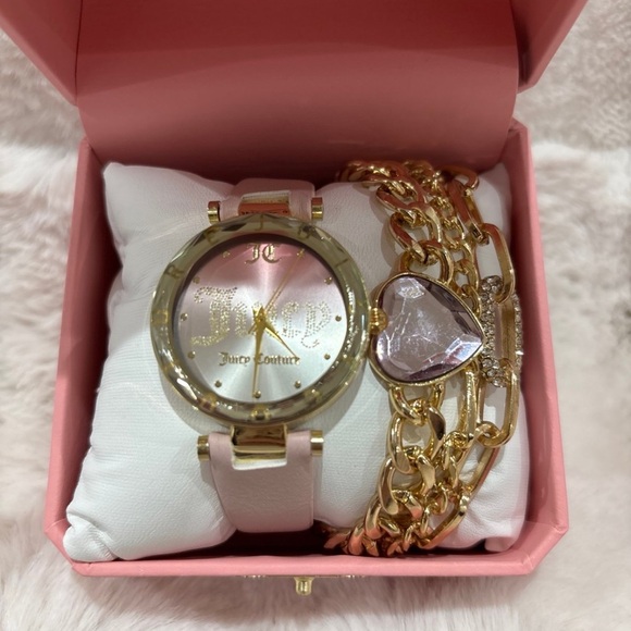 Juicy Couture Pink and Gold Heart Charm Watch & Bracelet Set